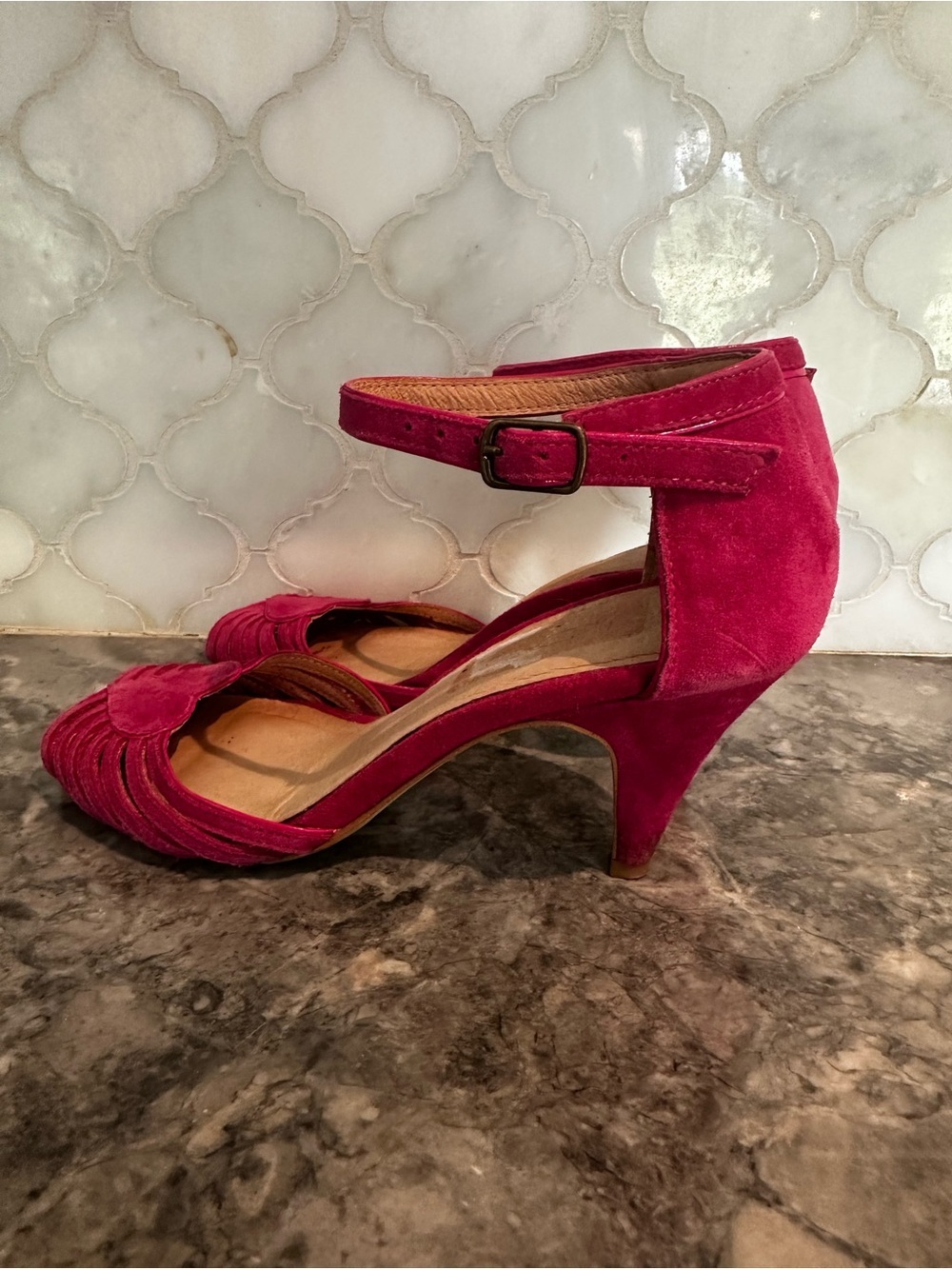 ALDO Fuchsia Suede Ankle-Strap Heels with Heart Accent - Picture 9 of 13